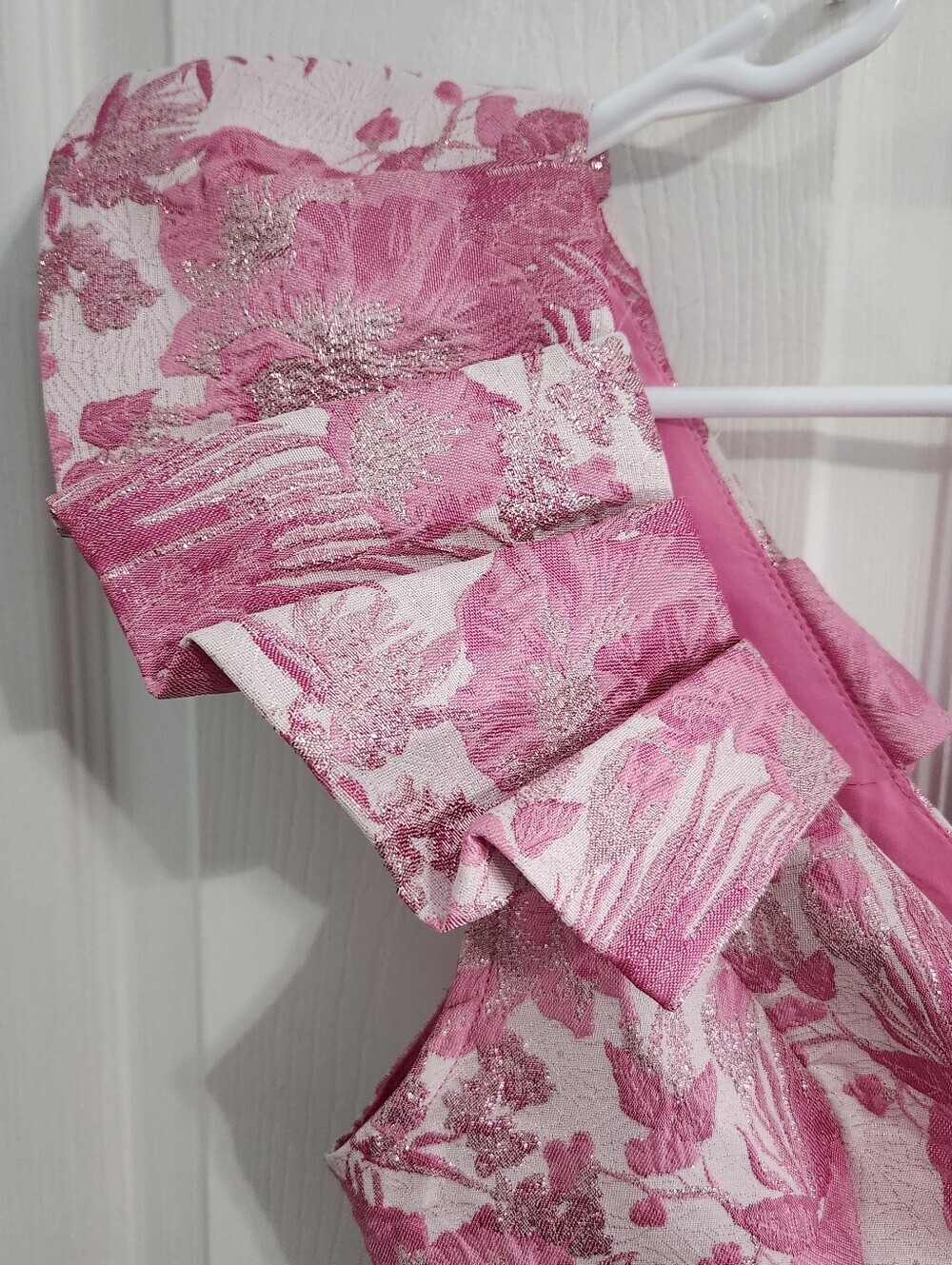 Altar'd state pink floral jacquard mini dress medium feminine glam bow ruffle - Picture 6 of 16